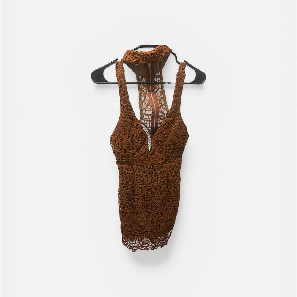Brown Crochet Mini Dress with High Neck